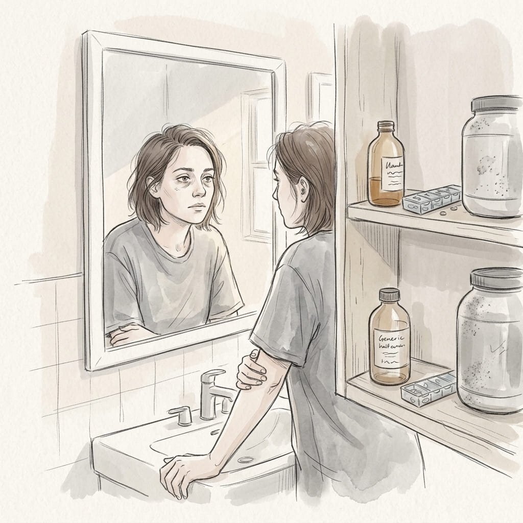 Woman at mirror, tired, bottles on shelf behind her