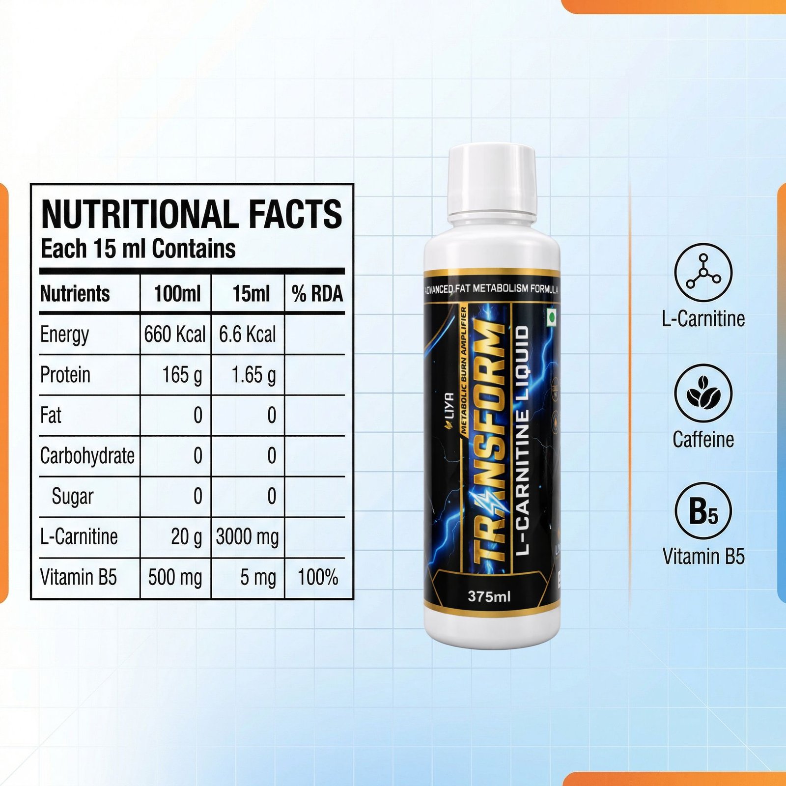 Liya Transform L-Carnitine Liquid 3000mg with Caffeine | Fat Burner & Energy Boost | 375ml
